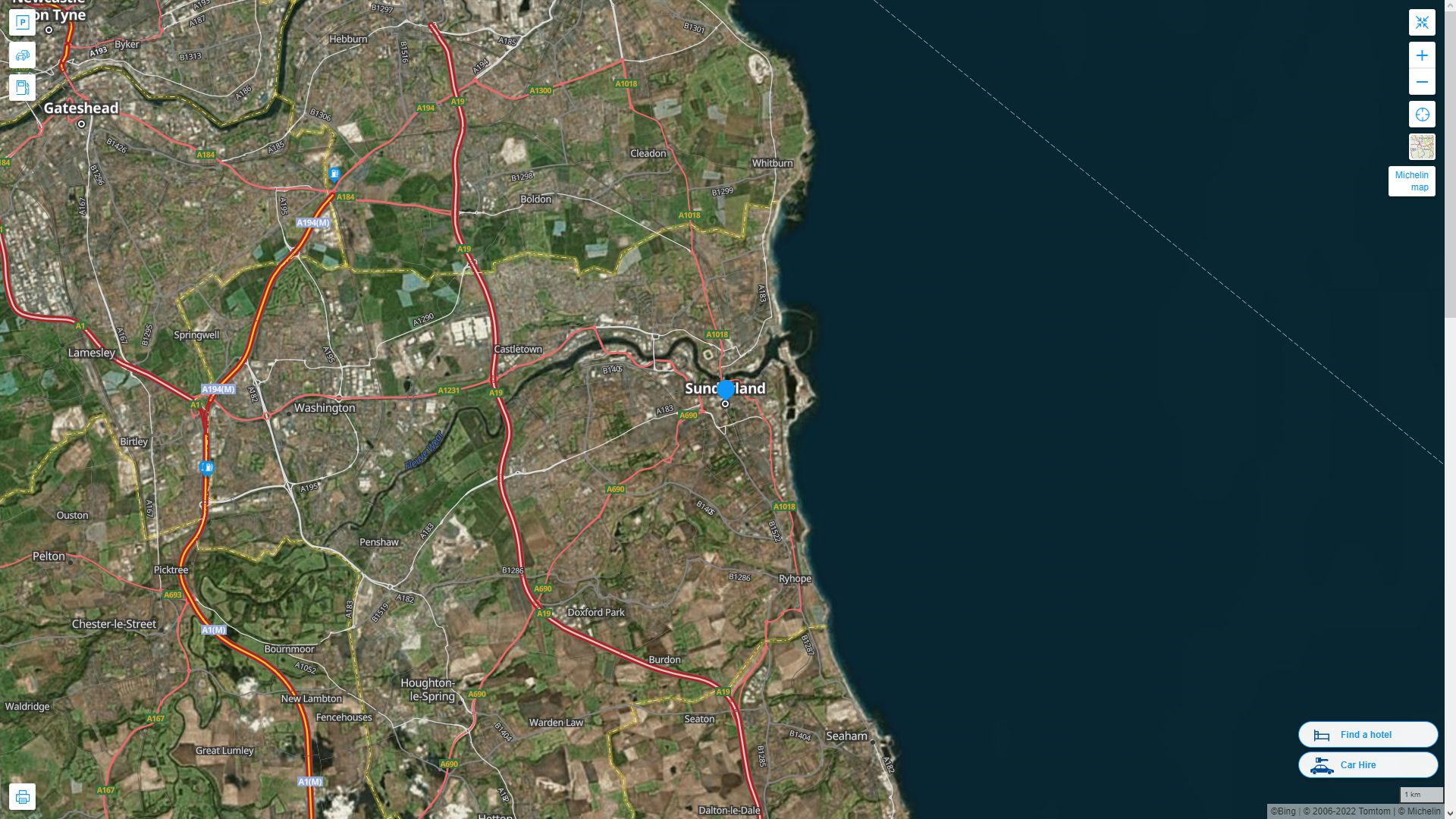 Sunderland Royaume Uni Autoroute et carte routiere avec vue satellite